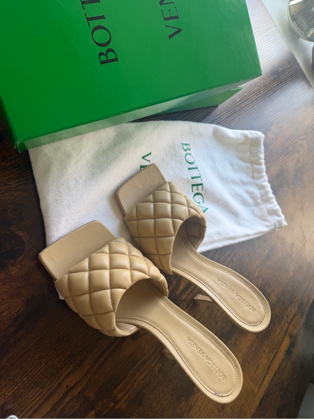 Bottega Veneta Beige Quilted Leather Slide Mules